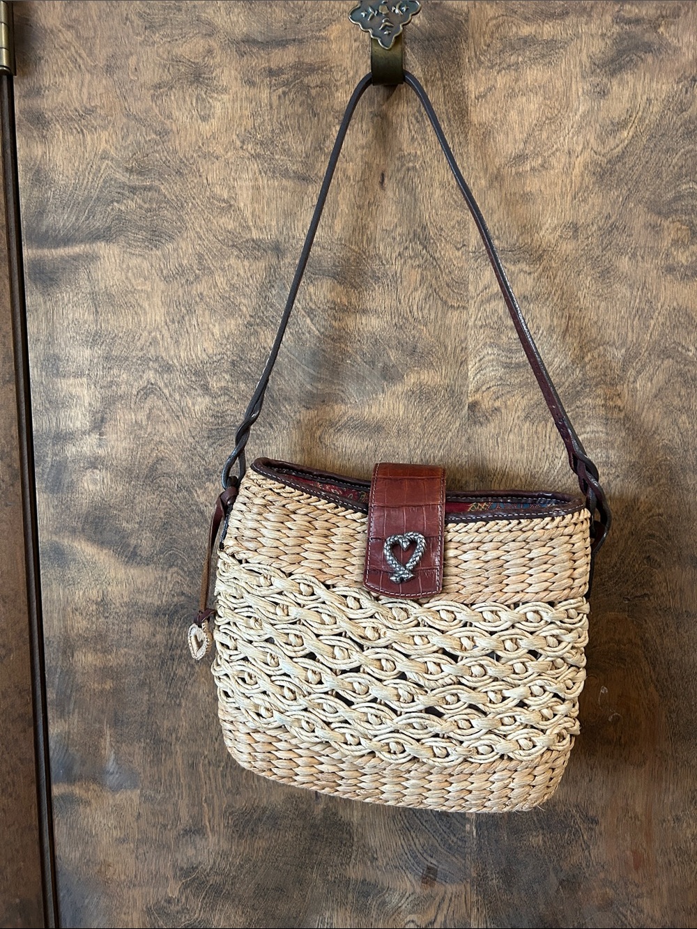 Brighton Braided Straw Shoulder Bag with Brown Leather Trim and Heart Accent
